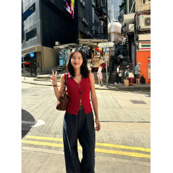 Turn right/陳大腿 氣質紅色V領針織背心馬甲女無袖內搭外穿上衣