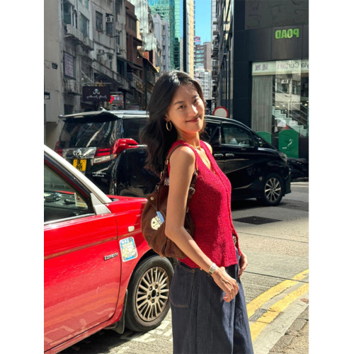 Turn right/陳大腿 氣質紅色V領針織背心馬甲女無袖內搭外穿上衣