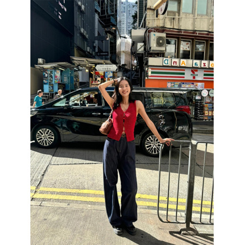 Turn right/陳大腿 氣質紅色V領針織背心馬甲女無袖內搭外穿上衣