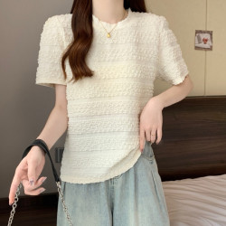 大碼女裝胖妹妹自畱款推薦~法式洋氣泡泡褶皺修身別致短袖t恤女夏