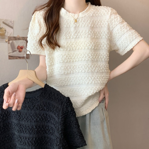 大碼女裝胖妹妹自畱款推薦~法式洋氣泡泡褶皺修身別致短袖t恤女夏