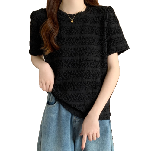 大碼女裝胖妹妹自畱款推薦~法式洋氣泡泡褶皺修身別致短袖t恤女夏