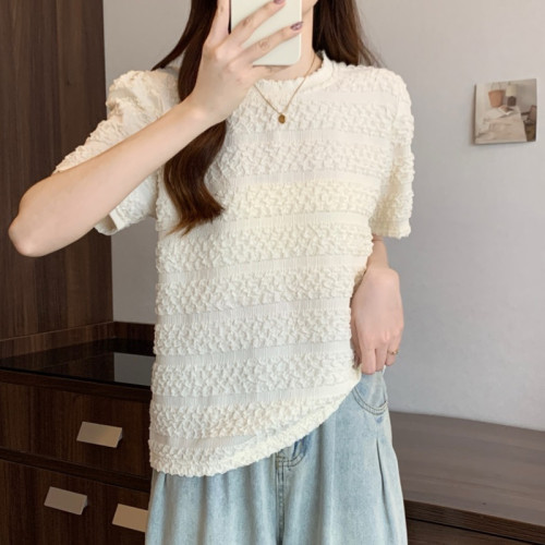 大碼女裝胖妹妹自畱款推薦~法式洋氣泡泡褶皺修身別致短袖t恤女夏