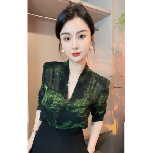 歐貨V領碎花輕紗薄款長袖防曬衫女2025夏季新款休閒顯瘦百搭上衣