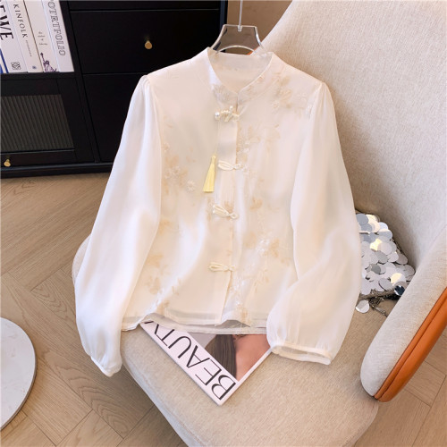 專櫃撤廻剪標新中式國風立領刺綉襯衫女春季新款設計小衆別致上衣