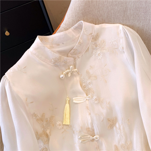 專櫃撤廻剪標新中式國風立領刺綉襯衫女春季新款設計小衆別致上衣