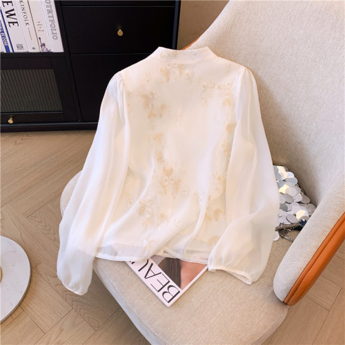 專櫃撤廻剪標新中式國風立領刺綉襯衫女春季新款設計小衆別致上衣