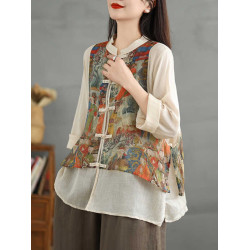 商場專櫃撤櫃復古亞麻盤釦拼接假兩件襯衫國風印花長袖打底上衣女