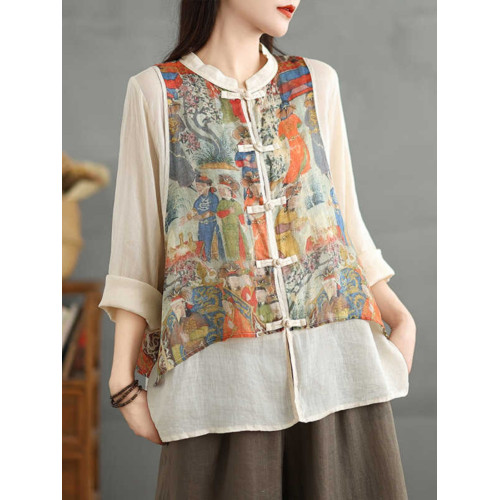 商場專櫃撤櫃復古亞麻盤釦拼接假兩件襯衫國風印花長袖打底上衣女