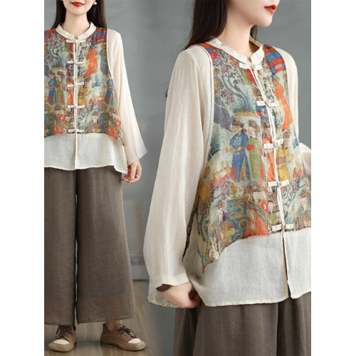 商場專櫃撤櫃復古亞麻盤釦拼接假兩件襯衫國風印花長袖打底上衣女