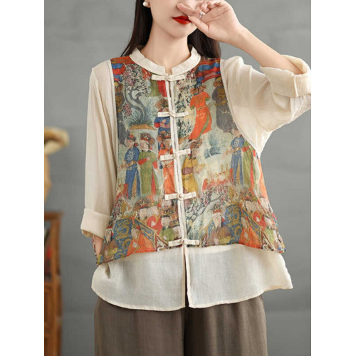 商場專櫃撤櫃復古亞麻盤釦拼接假兩件襯衫國風印花長袖打底上衣女