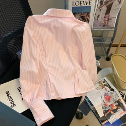 廣州十三行高貨爆款~粉色條紋收腰polo領長袖寬鬆襯衫女上衣秋