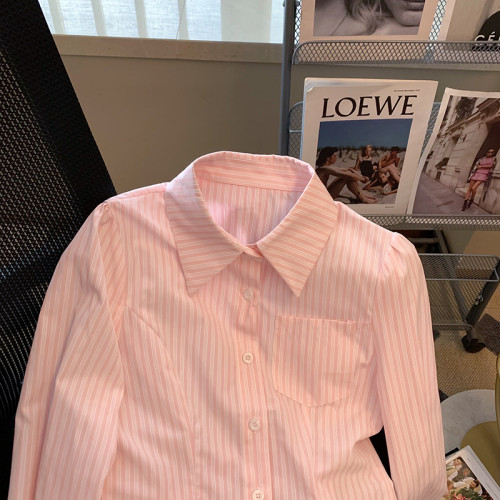 廣州十三行高貨爆款~粉色條紋收腰polo領長袖寬鬆襯衫女上衣秋