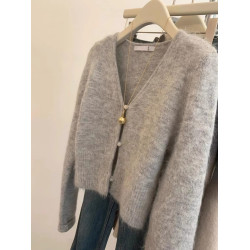 一線大牌剪標餘單浣熊絨v領短款毛衣開衫女復古灰色針織外套