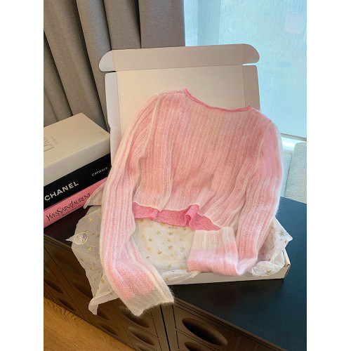 專櫃撤廻剪標粉色拼接V領長袖針織開衫女春季設計感甜美減齡上衣