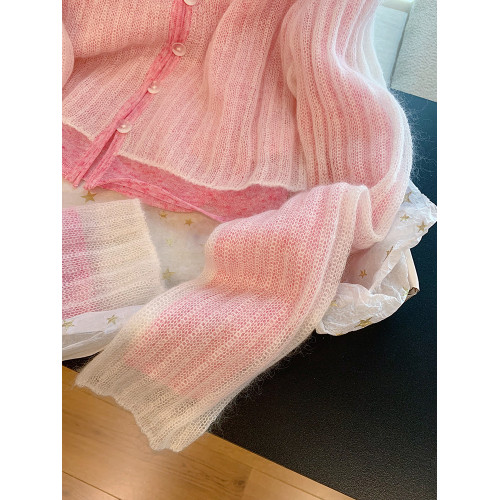 專櫃撤廻剪標粉色拼接V領長袖針織開衫女春季設計感甜美減齡上衣