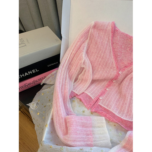 專櫃撤廻剪標粉色拼接V領長袖針織開衫女春季設計感甜美減齡上衣