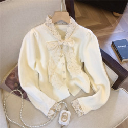 大牌買手店法式蕾絲花邊蝴蝶結針織開衫女冬季新款超好看毛衣外套