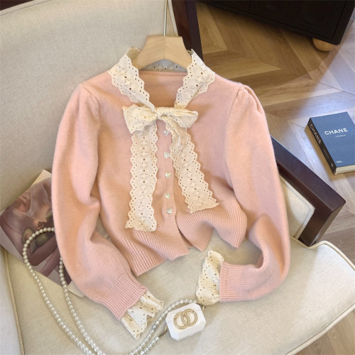 大牌買手店法式蕾絲花邊蝴蝶結針織開衫女冬季新款超好看毛衣外套