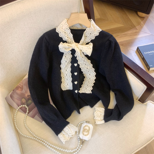 大牌買手店法式蕾絲花邊蝴蝶結針織開衫女冬季新款超好看毛衣外套