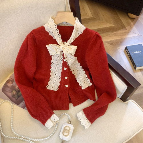 大牌買手店法式蕾絲花邊蝴蝶結針織開衫女冬季新款超好看毛衣外套