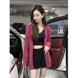 法式氣質玫紅色長袖針織開衫外套女秋季2025女裝新款時尚慵懶毛衣