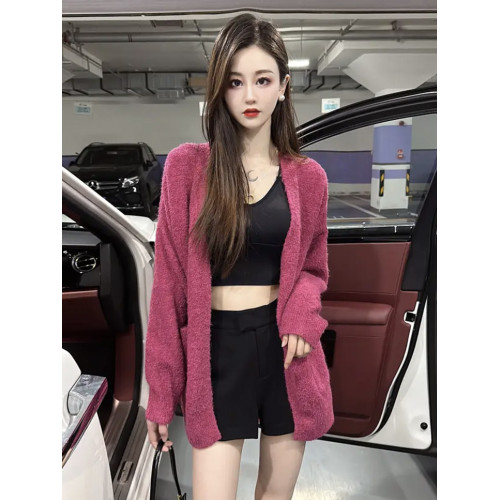 法式氣質玫紅色長袖針織開衫外套女秋季2025女裝新款時尚慵懶毛衣