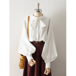 法式復古蝴蝶結寬鬆長袖襯衫女秋新款霧藍色上衣磨毛燈籠袖白襯衣