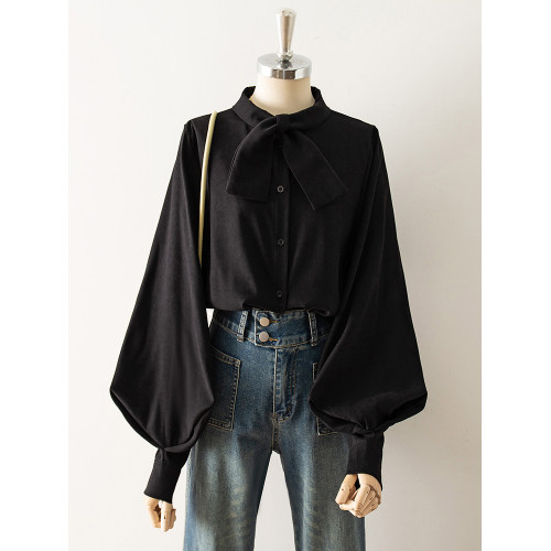 法式復古蝴蝶結寬鬆長袖襯衫女秋新款霧藍色上衣磨毛燈籠袖白襯衣