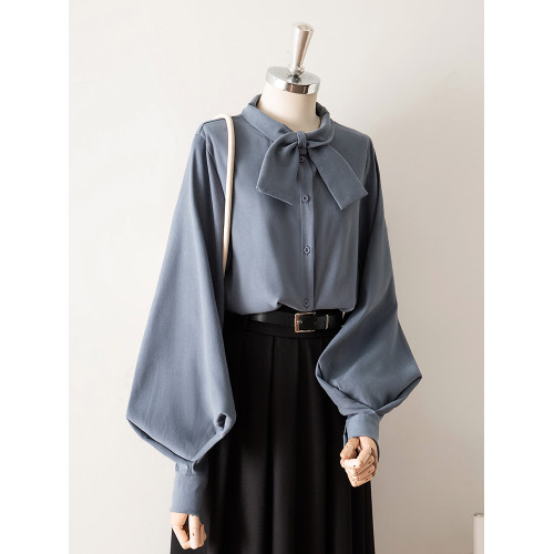 法式復古蝴蝶結寬鬆長袖襯衫女秋新款霧藍色上衣磨毛燈籠袖白襯衣