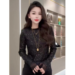 今年流行歐貨亮片輕奢長袖T恤女2025秋冬新款寬鬆顯瘦高級感上衣