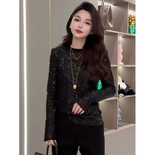 今年流行歐貨亮片輕奢長袖T恤女2025秋冬新款寬鬆顯瘦高級感上衣