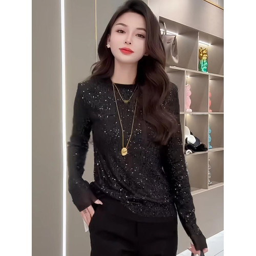今年流行歐貨亮片輕奢長袖T恤女2025秋冬新款寬鬆顯瘦高級感上衣