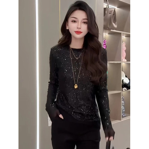 今年流行歐貨亮片輕奢長袖T恤女2025秋冬新款寬鬆顯瘦高級感上衣