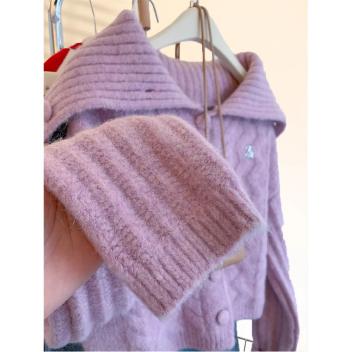 大牌專櫃撤廻海軍領麻花毛衣外套女秋冬軟糯短款紫色針織開衫