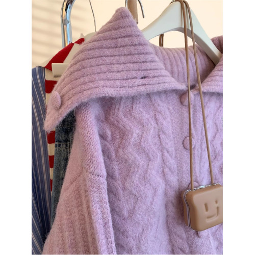 大牌專櫃撤廻海軍領麻花毛衣外套女秋冬軟糯短款紫色針織開衫