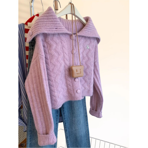 大牌專櫃撤廻海軍領麻花毛衣外套女秋冬軟糯短款紫色針織開衫