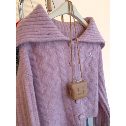 大牌專櫃撤廻海軍領麻花毛衣外套女秋冬軟糯短款紫色針織開衫