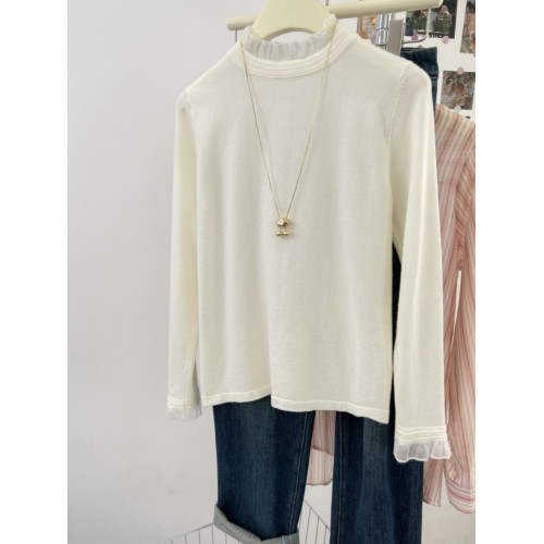 大牌撤櫃剪標花邊木耳領長袖針織衫女秋季設計感毛衣內搭打底上衣