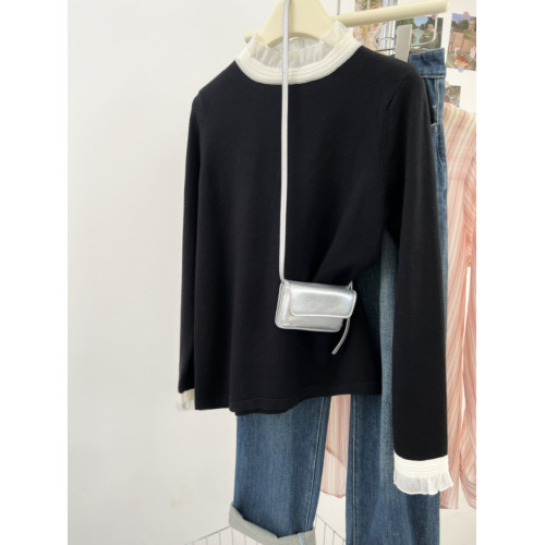 大牌撤櫃剪標花邊木耳領長袖針織衫女秋季設計感毛衣內搭打底上衣