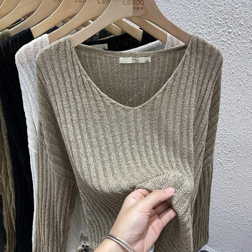 2025秋季新款法式薄款針織衫女慵懶風寬鬆洋氣鏤空V領打底衫上衣