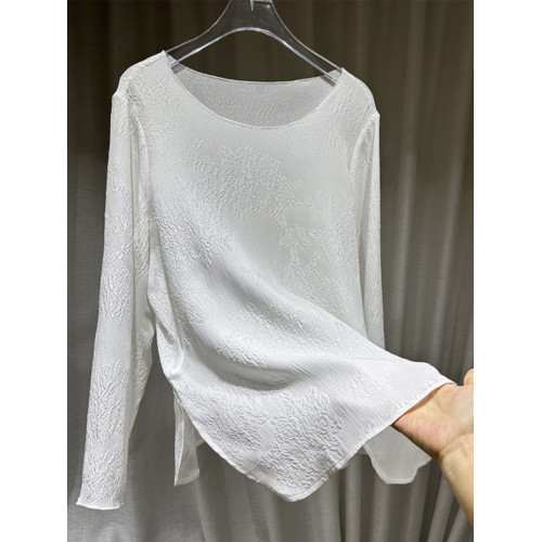 復古新中式國風圓領開叉提花長袖打底襯衫女春秋新款百搭流行上衣