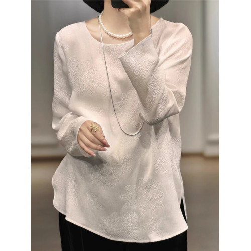 復古新中式國風圓領開叉提花長袖打底襯衫女春秋新款百搭流行上衣