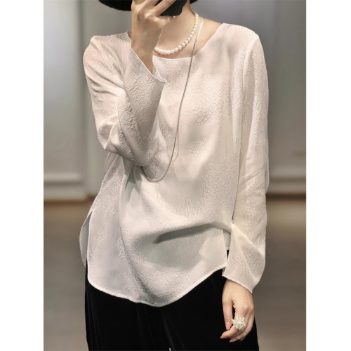 復古新中式國風圓領開叉提花長袖打底襯衫女春秋新款百搭流行上衣