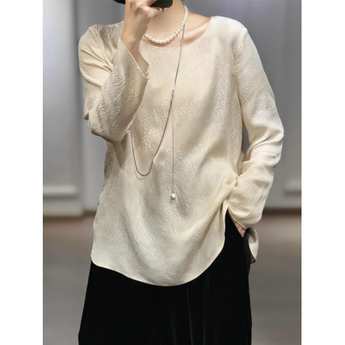 復古新中式國風圓領開叉提花長袖打底襯衫女春秋新款百搭流行上衣