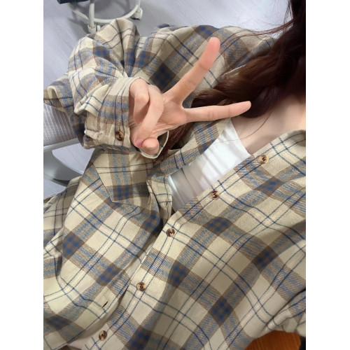 磨毛棉格子襯衫女內搭曡穿春秋薄外套長袖上衣格子衫復古襯衣秋冬