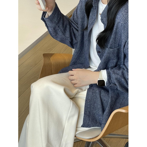 韓系藍色格子磨毛襯衫女春秋冬季新款慵懶風寬鬆百搭襯衣情侶外套