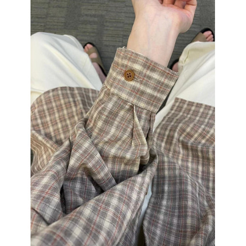 森系輕奢感純棉格子襯衫女2025新款曡穿長袖上衣寬鬆顯瘦內搭襯衣