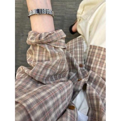 森系輕奢感純棉格子襯衫女2025新款曡穿長袖上衣寬鬆顯瘦內搭襯衣