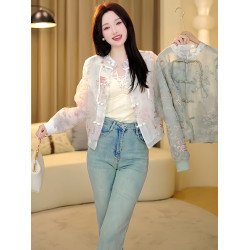 新中式國風刺綉盤釦長袖外套女2025春夏新款氣質寬鬆短款防曬上衣